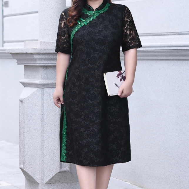 特惠大码女装夏季洋气蕾丝连衣裙新中式旗袍裙胖mm裙子显瘦连身裙