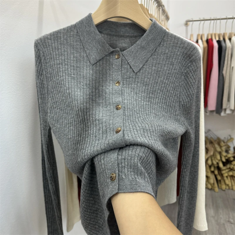 2025春季新款韩版羊毛POLO领纯色小众显瘦长袖毛针织开衫上衣女