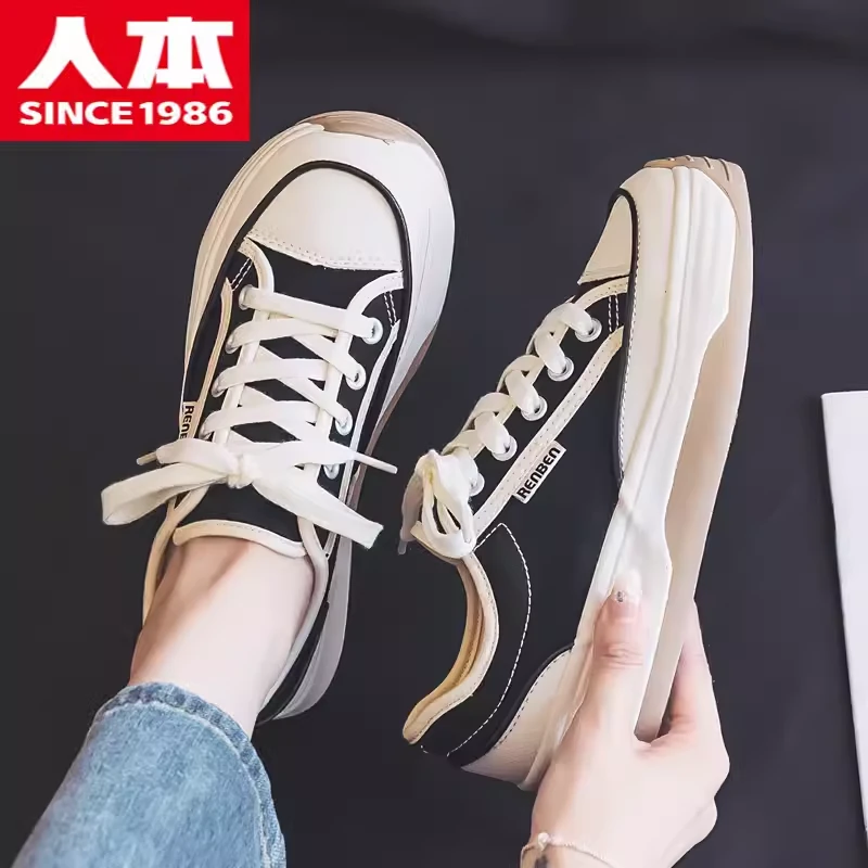 人本秋季帆布鞋厚底休闲板鞋厚底学生鞋百搭时尚韩版潮女鞋拼色