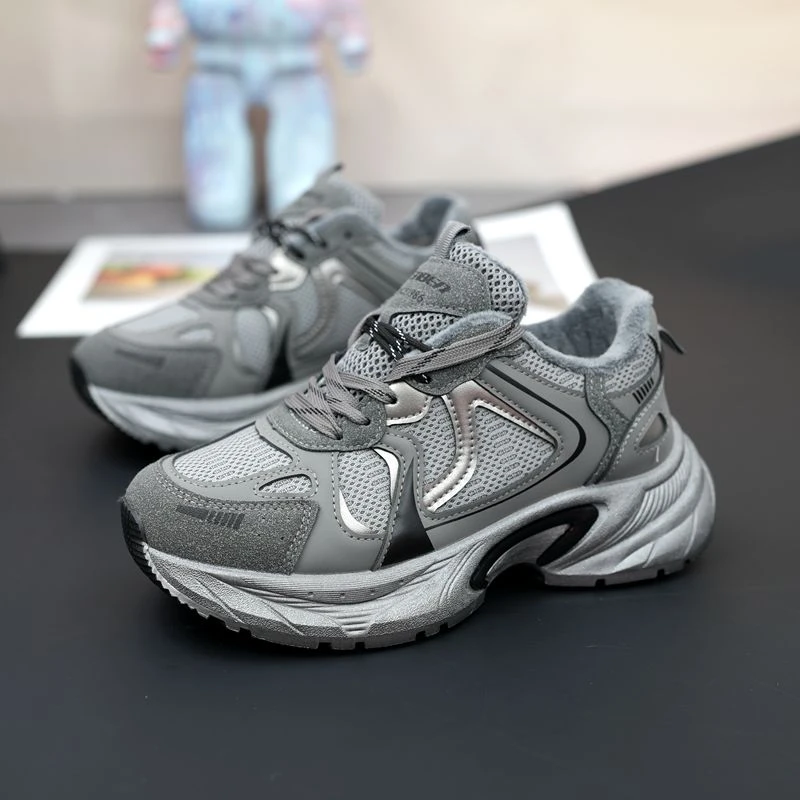 人本冬季新款时尚女鞋加绒保暖休闲鞋厚底防滑韩版学生鞋网面棉鞋