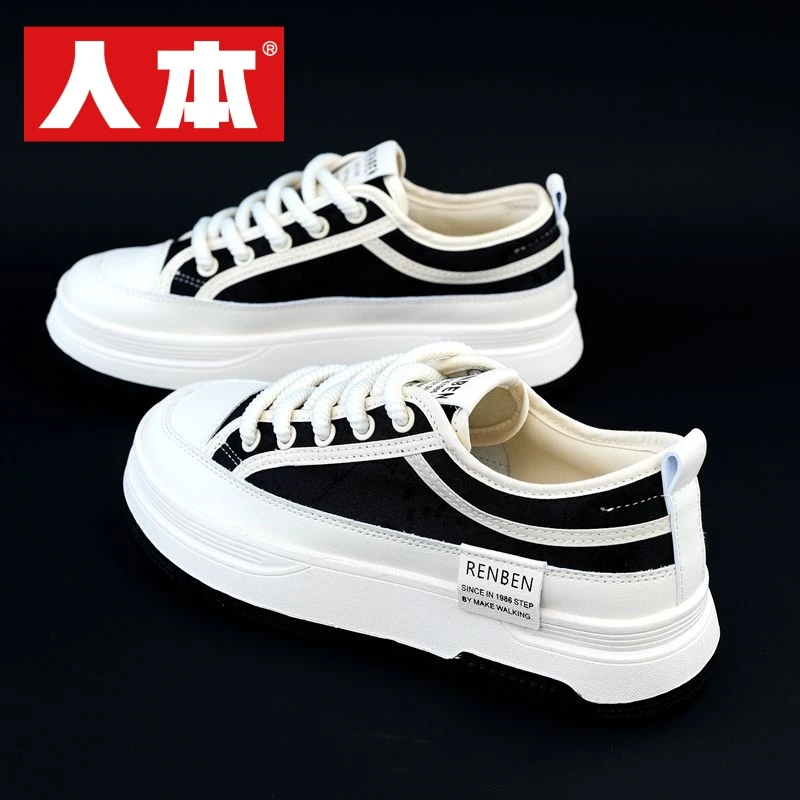 人本秋季新款女鞋厚底帆布鞋刺绣潮鞋低帮百搭休闲鞋韩版学生板鞋