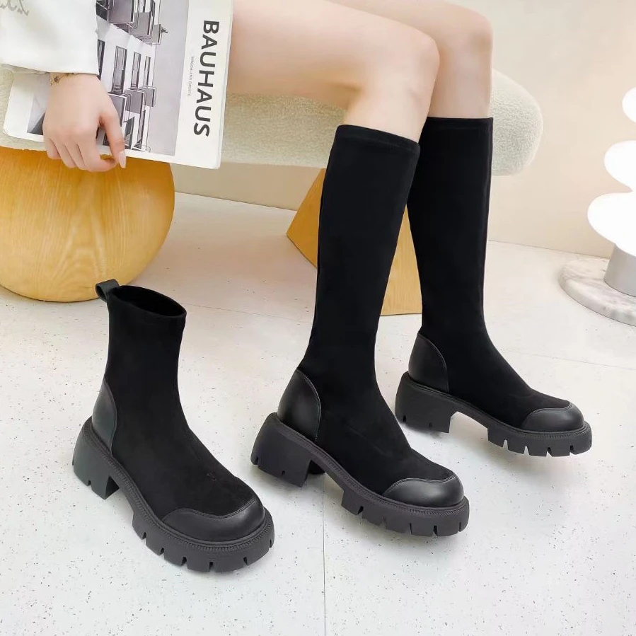 17348843开女鞋长靴时尚百搭厚底中筒秋冬弹力靴圆头高筒瘦瘦靴