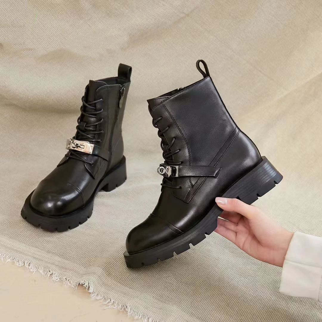 36746611开女鞋短靴时尚休闲百搭女士真皮英伦风黑色圆头