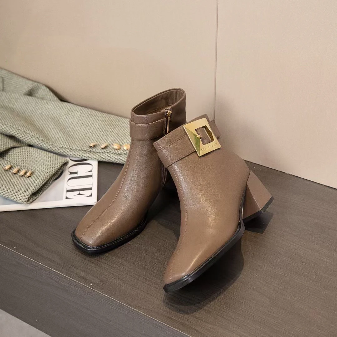 17746724开复古瘦瘦靴女鞋短靴时尚百搭真皮粗跟高跟方头中跟秋冬