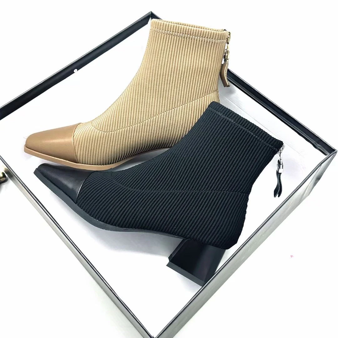 25146711开女鞋短靴时尚方头百搭粗跟高跟瘦瘦靴弹力靴