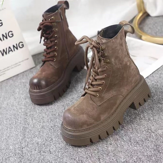 27146859开女鞋短靴马丁靴时尚百搭真皮粗跟秋冬系带圆头