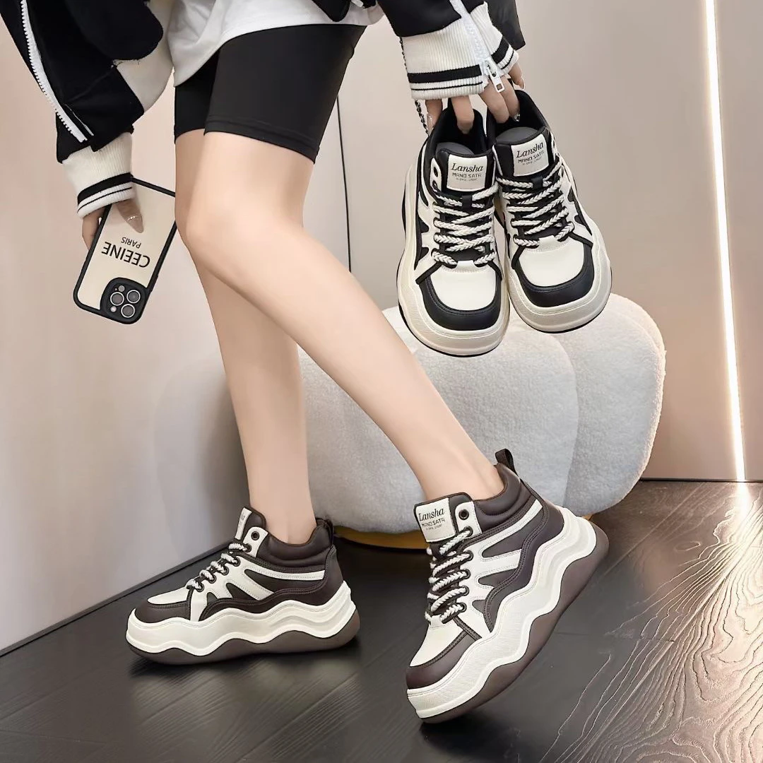 31946797开女鞋休闲鞋运动时尚高帮系带拼色潮鞋厚底百搭真皮