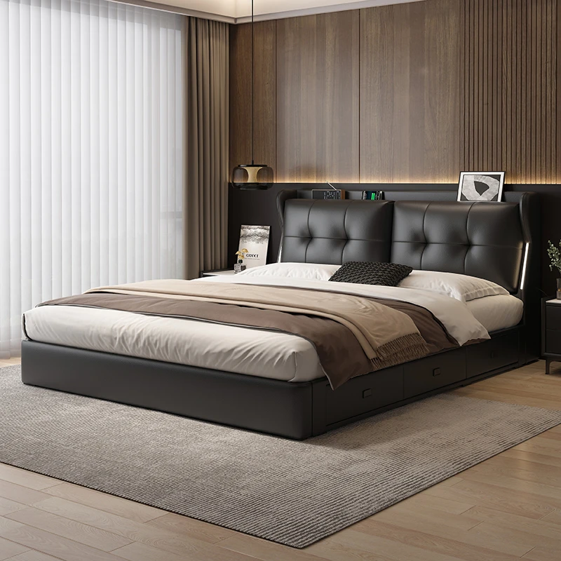 【带氛围灯带】佛山真皮床极简齐边储物床大靠包主卧真皮主卧大床