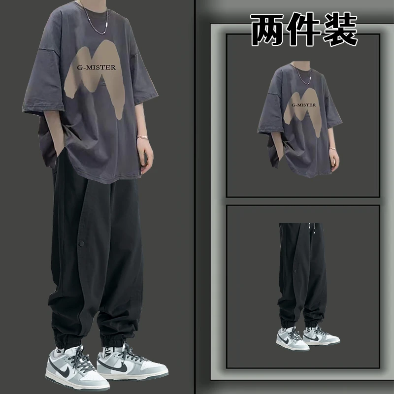 夏季痞帅工装套装男生痞帅新款字母印花短袖圆领上衣服穿搭两件套