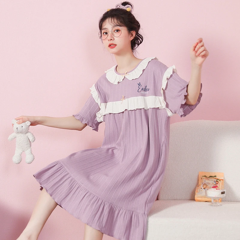 夏季纯棉睡裙女2024宽松加大码短袖睡衣薄款甜美可爱可外穿家居服