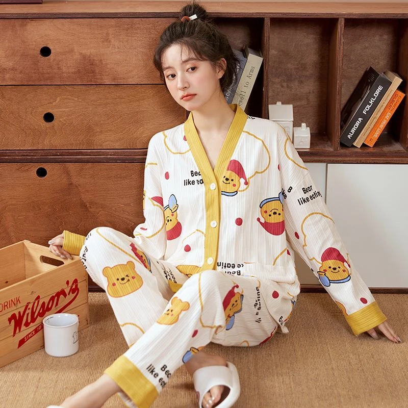 纯棉和服睡衣女春秋长袖长裤套装大码宽松产妇月子服可外穿家居服