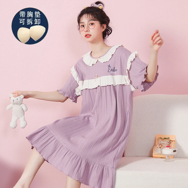 夏季纯棉睡裙女带胸垫宽松大码短袖薄款甜美可爱睡衣可外穿家居服