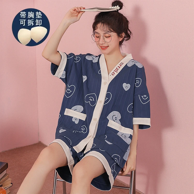 带胸垫纯棉睡衣女大码宽松夏季短袖和服日式家居服套装2024年新款