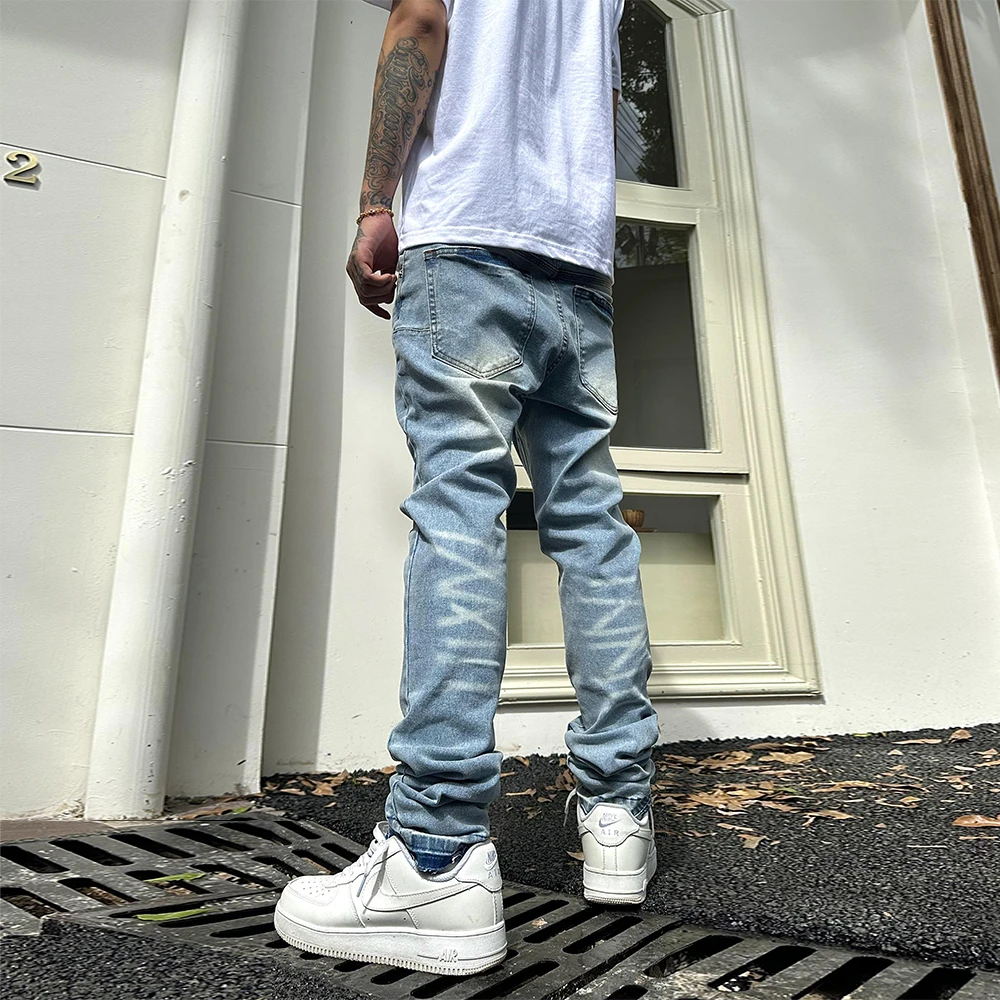 South美式纯色渐变水洗牛仔裤男高街修身弹力堆积感做旧长裤子潮