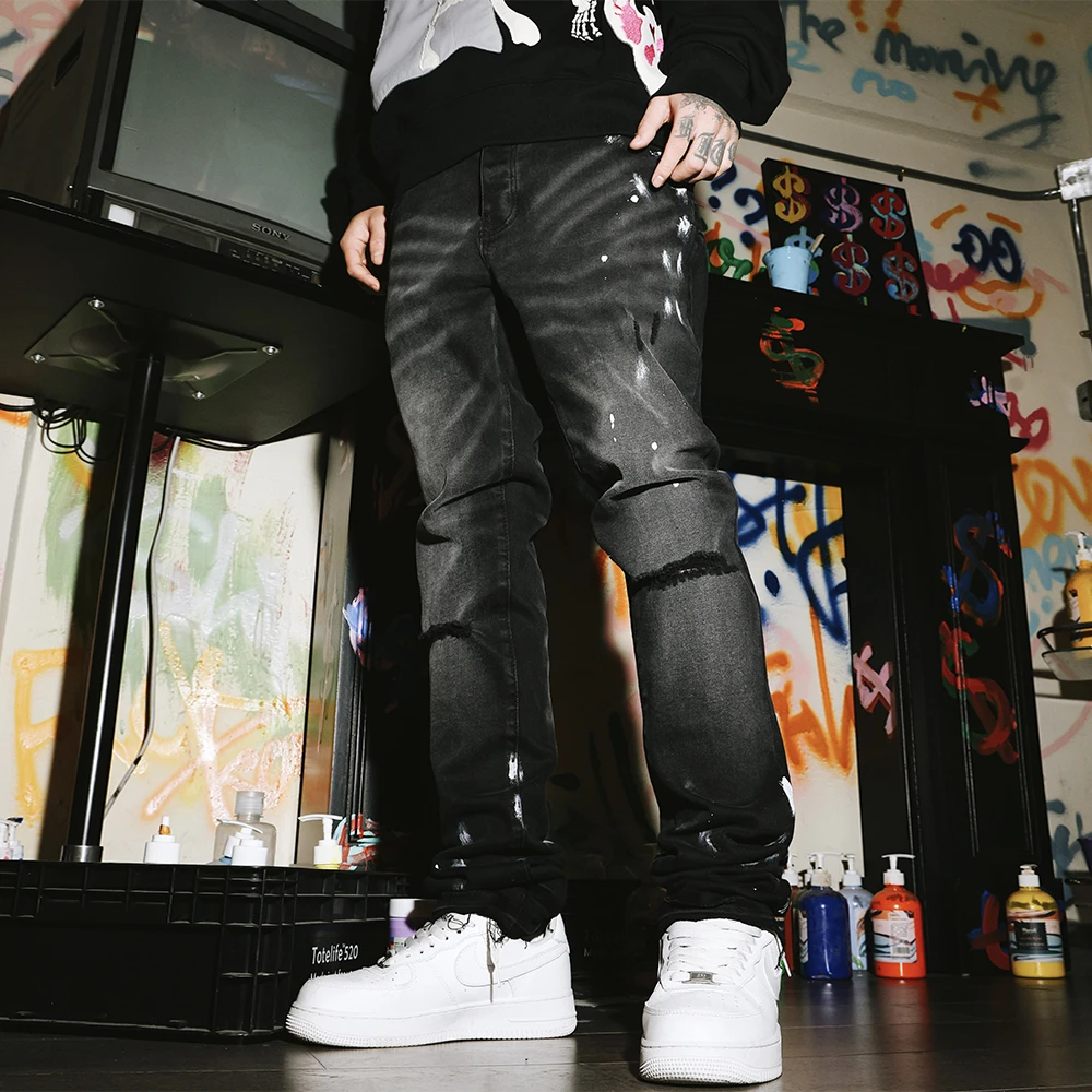 South春夏新品美式国潮水洗破洞弹力小脚牛仔长裤男小众潮牌穿搭