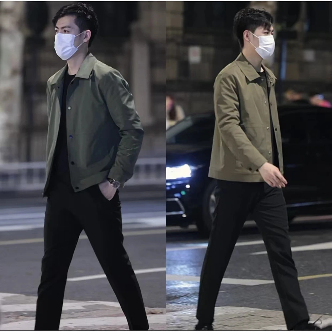 秋季新款男士时尚百搭行政夹克修身潮流帅气休闲纯色翻领上衣外套