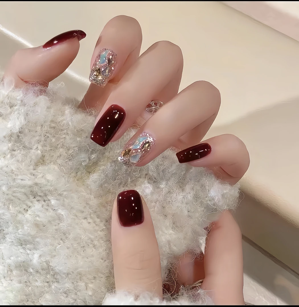 酒红香槟钻纯手工穿戴甲成品指甲贴显白美甲贴片气质美甲穿戴短款