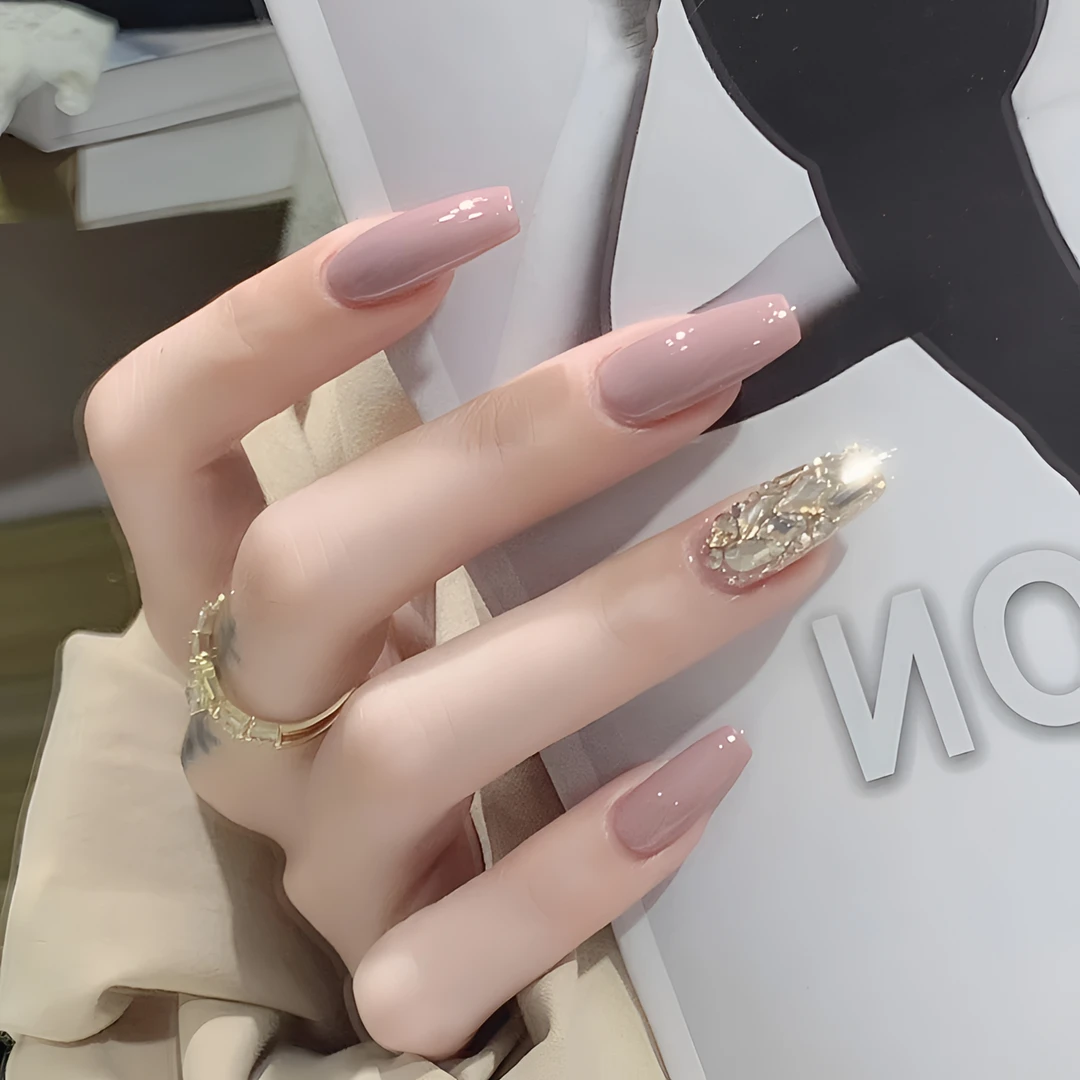 烟紫豆沙色跳爆闪香槟钻成品指甲贴片新款手工中长款显气质穿戴甲