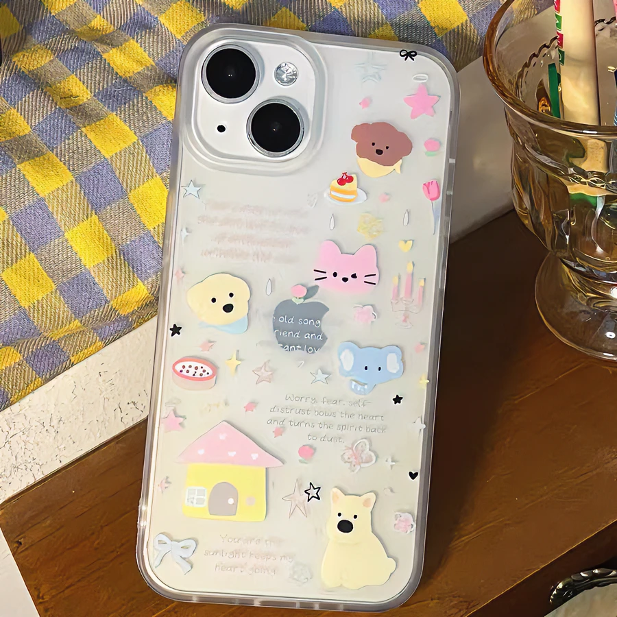 可爱英文小动物iPhone15/14promax镜头框手机壳11苹果13/12防摔套
