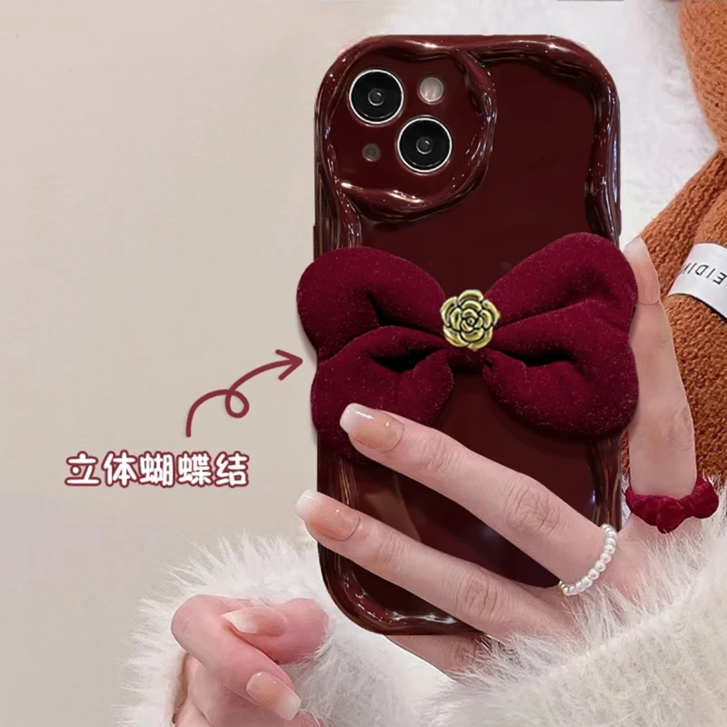 ins酒红立体蝴蝶结适用iPhone15/14promax手机壳苹果13/12/11软套