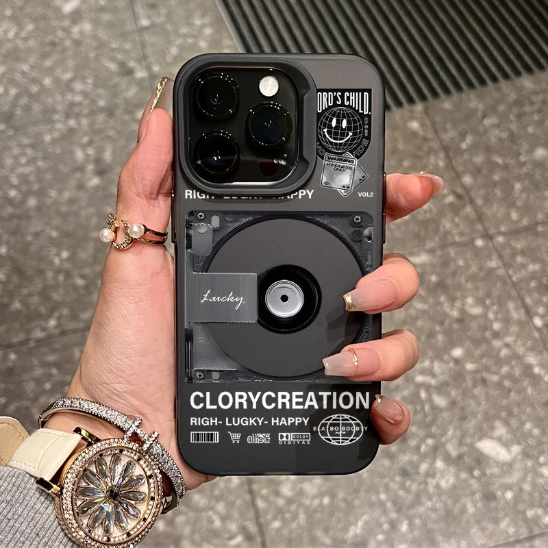 高级复古黑CD唱片适用iPhone15/14promax磨砂手机壳11苹果13/12套