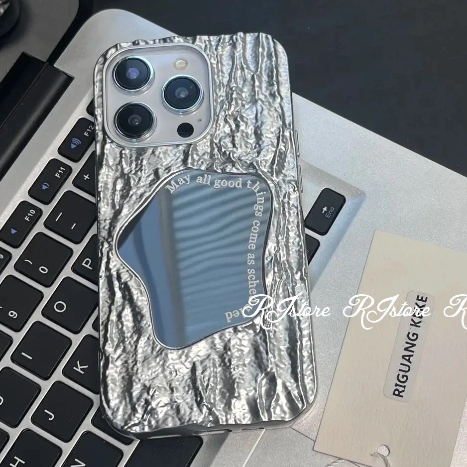 ins褶皱银英文镜面苹果15promax手机壳iPhone13女14高级12软11套