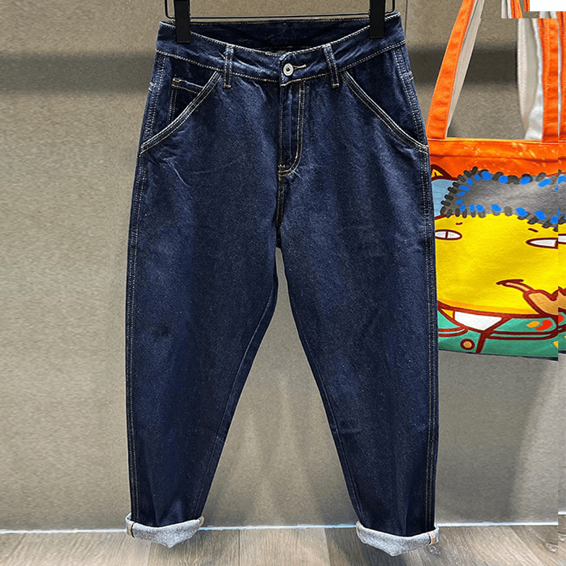 2023春秋新款美式复古深蓝原色宽松直筒老爹哈伦裤加绒牛仔裤男款