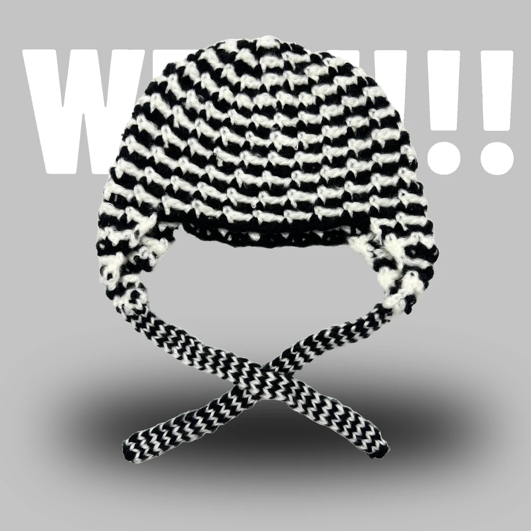 纯手工黑白纹冷帽绑带条纹护耳个性辫子包头飞行帽冬季保暖针织