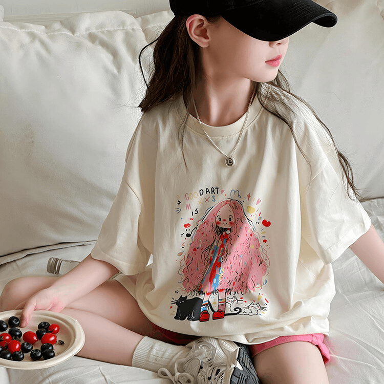 2024年亲子女童新款T恤夏季网红印花半袖中大童宽松时尚潮款夏装