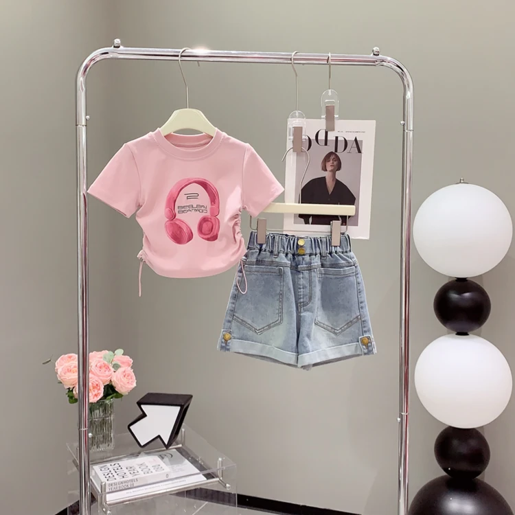 6-16岁夏季中大童女童潮流时尚套装流行百搭短袖牛仔裤两件套夏装