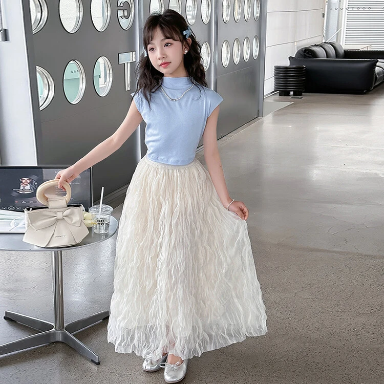 女孩新款T恤半身裙套装公主夏季纯色女童中大童仙女百褶网纱裙子