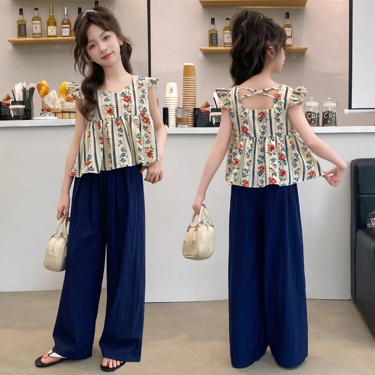 韩版夏季小飞袖套装印花森系女童中大童碎花显瘦薄款宽松时尚百搭