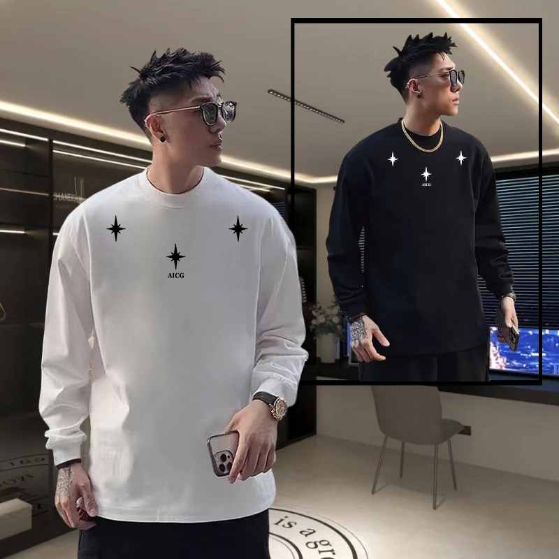 【高品质男装】秋冬纯棉重磅长袖T恤宽松美式设计图印花小众上衣ins