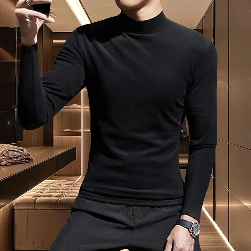 半高领双面德绒磨毛纯色内搭打底衫男秋冬修身潮流长袖体恤上衣服