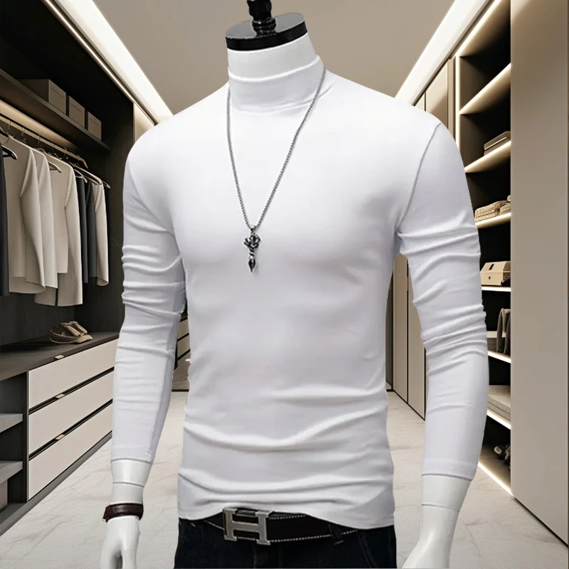 新款德绒半高领打底衫秋冬上衣2024纯色百搭休闲男士修身长袖