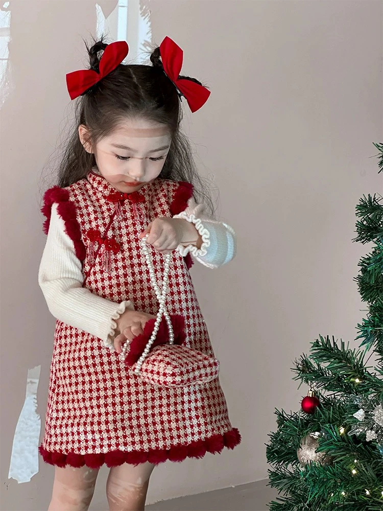 女童旗袍生日礼服女宝宝 红色加绒背心裙