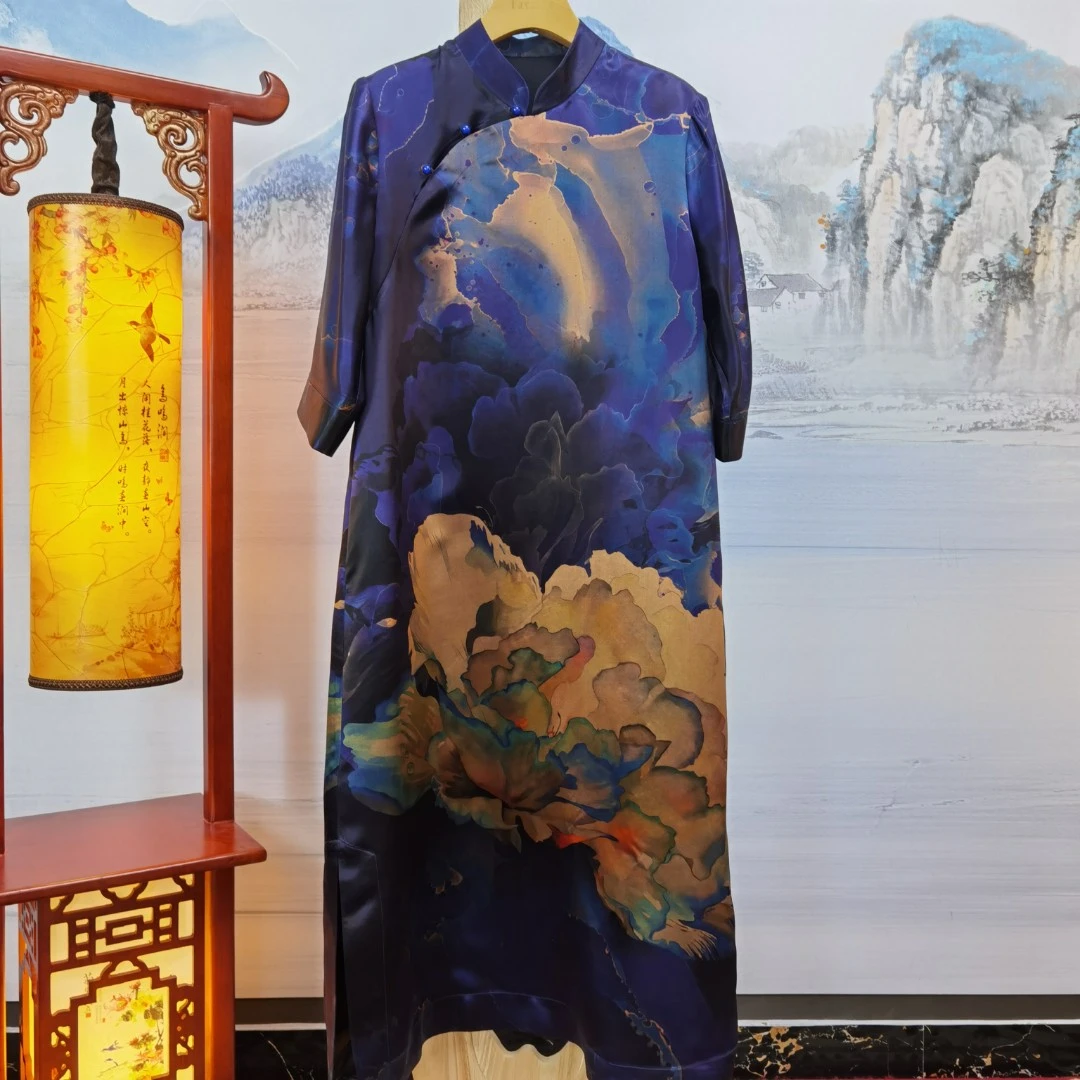 富美服装精品店高端定制气质香云纱连衣裙F8867女装国风长定位花