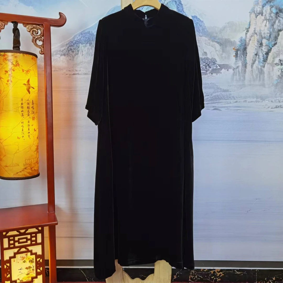富美国风黑色桑蚕丝连衣裙F7716女装a字优雅