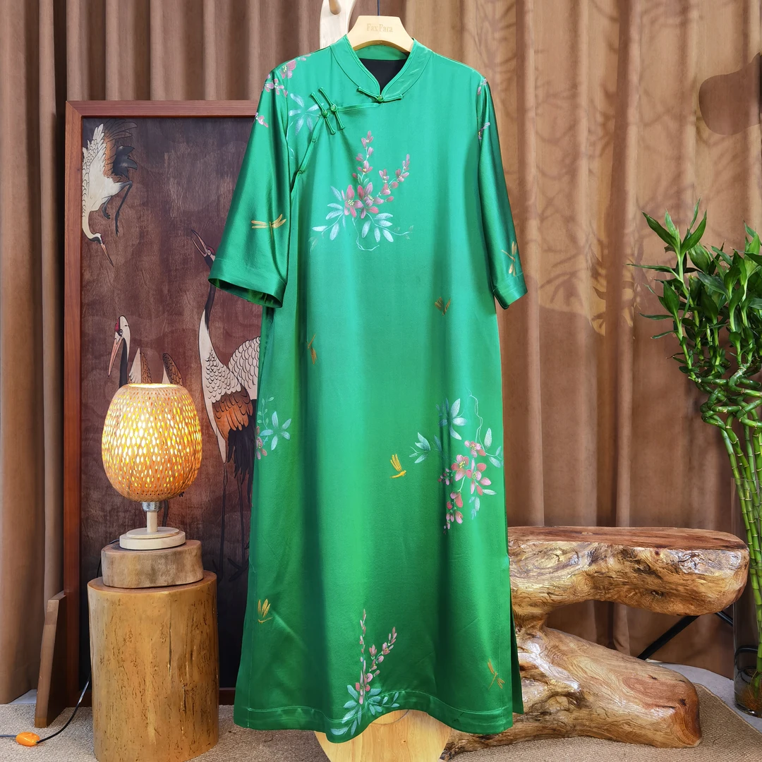 富美国风香云纱连衣裙F8115绿底手绘