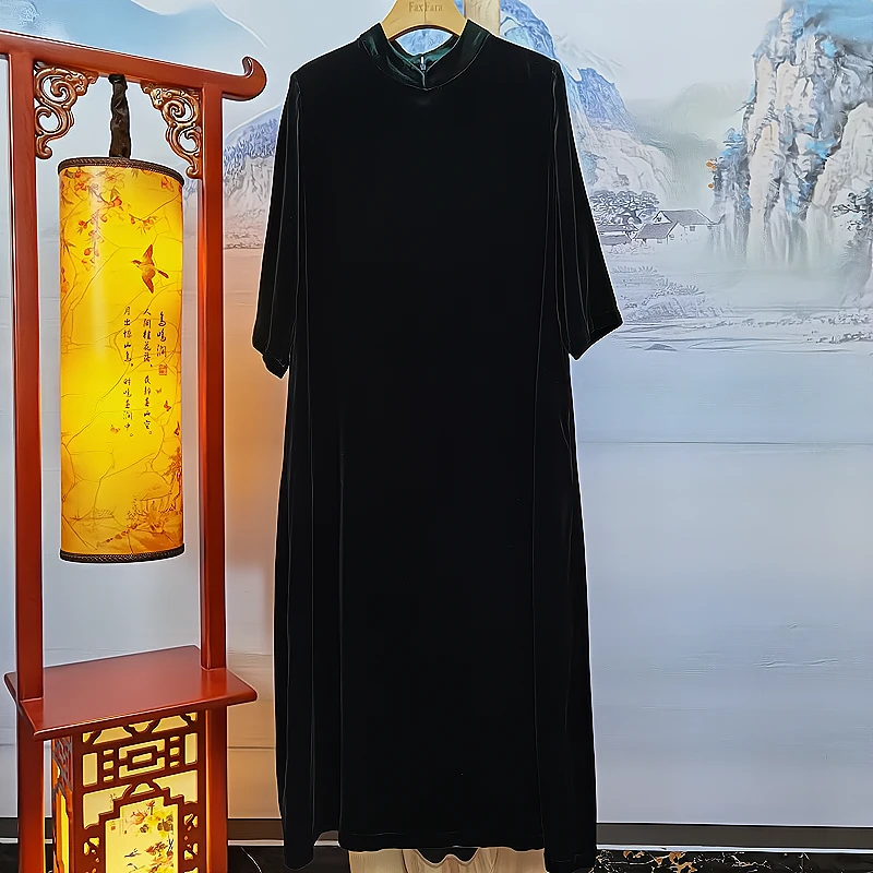 富美服装精品店高端定制气质款墨绿色桑蚕丝连衣裙F7718长裙女士