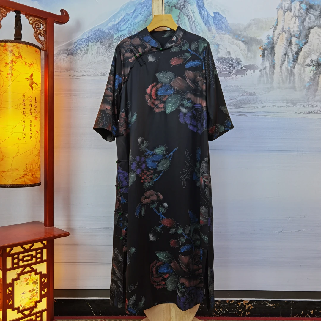 富美服装精品店高端定制气质香云纱连衣裙手绘牡丹F6628长款女装