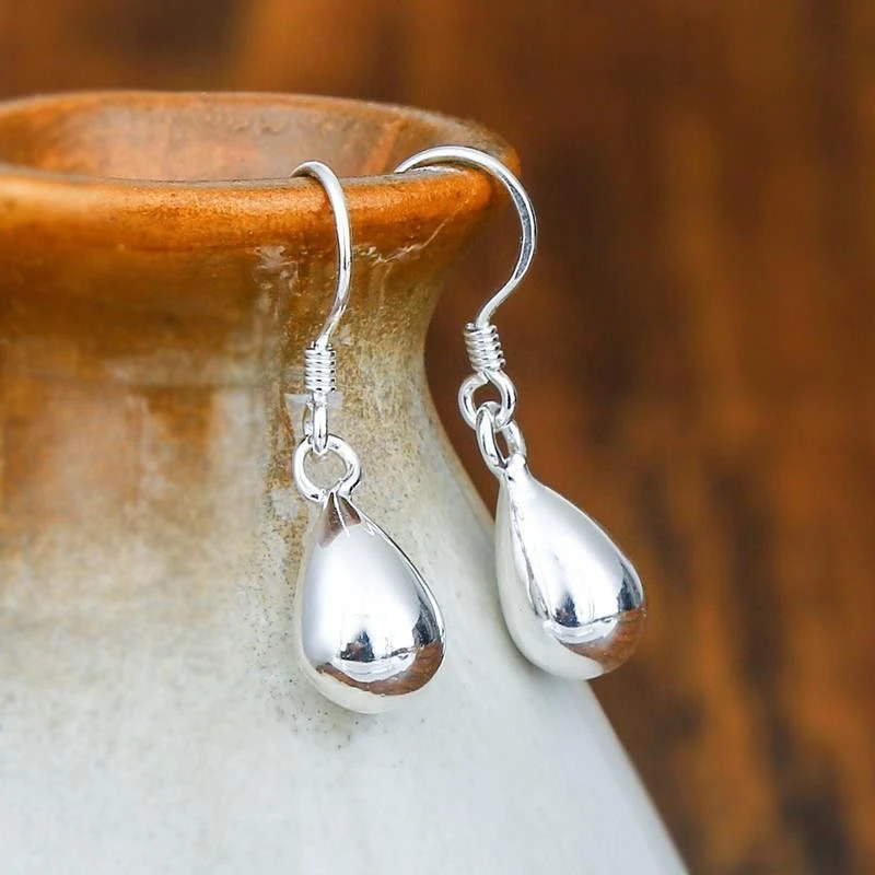 足银耳饰 999纯银耳环女气质时尚复古耳钩水滴光面耳环