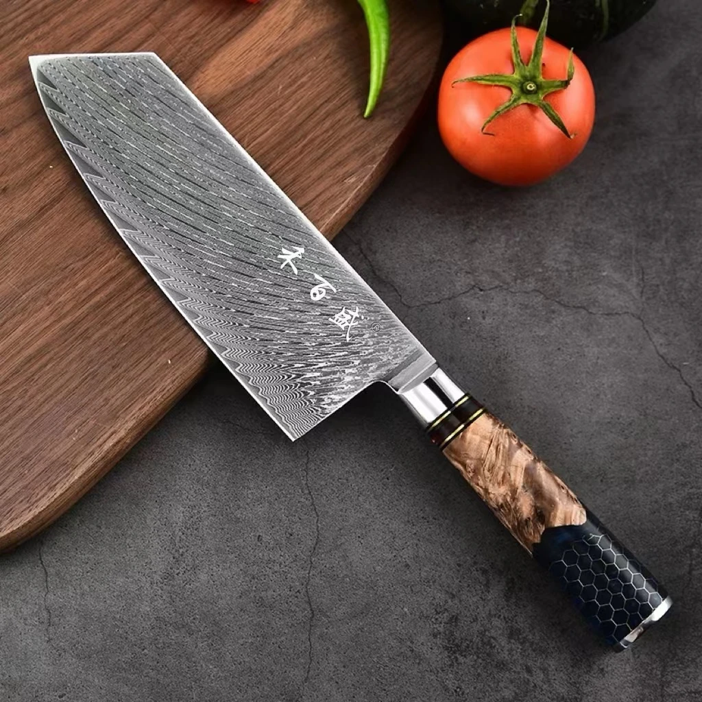 【禾百盛】家用67层大马士革钢稳定木蓝树脂菜刀