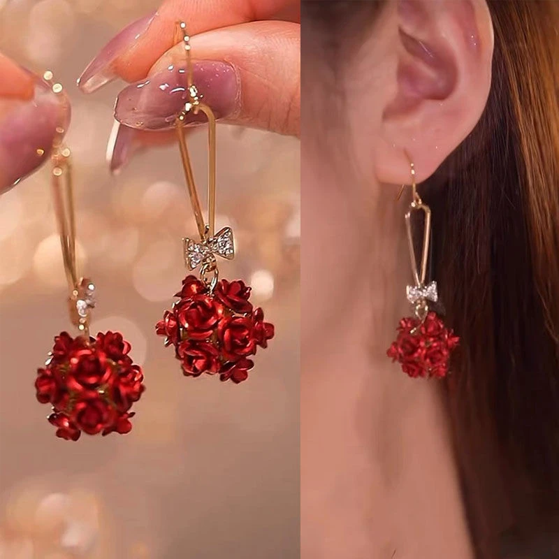 铜合金陶瓷耳饰 长款红色玫瑰花耳环高级感百搭耳坠s个性花朵耳钉