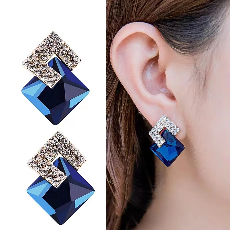 合金莫桑石耳饰 蓝色立体时尚气质个性水钻耳钉女黑色晶簇s耳环潮