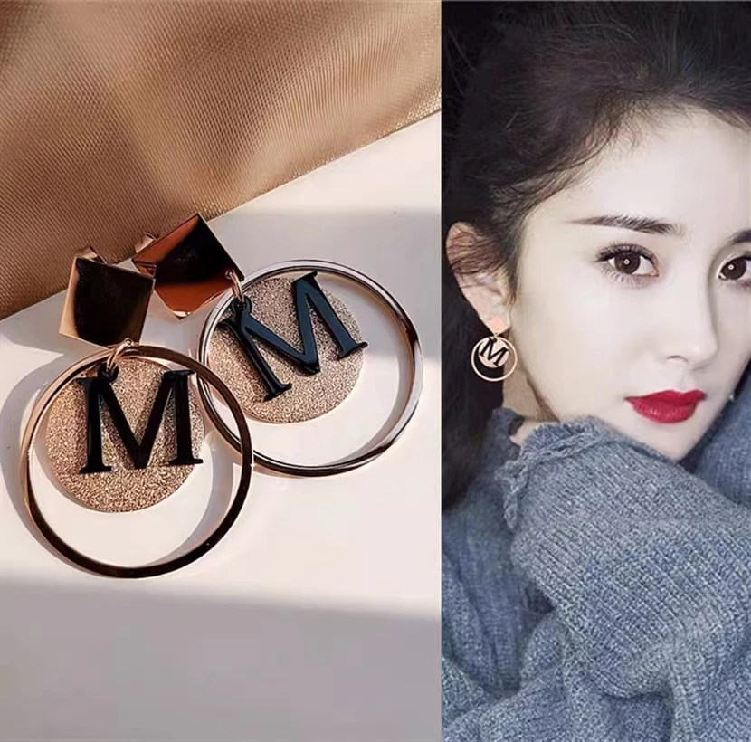 钛钢亚克力耳饰 轻奢长款几何字母显脸瘦耳钉女s网红夸张耳环耳坠