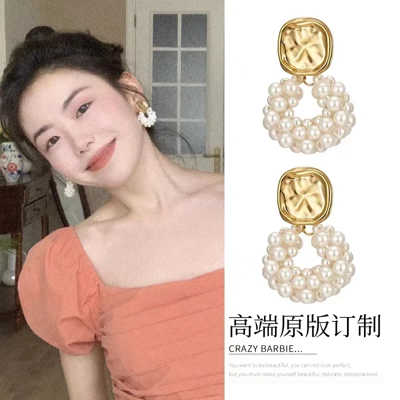 合金仿珍珠耳饰 法式耳环女高级感耳钉轻奢耳坠复古~无耳洞耳夹女