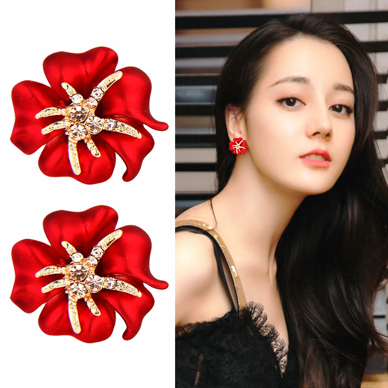 合金合成锆石耳饰 大耳钉女新娘气质花朵红色玫瑰海星银针耳环潮