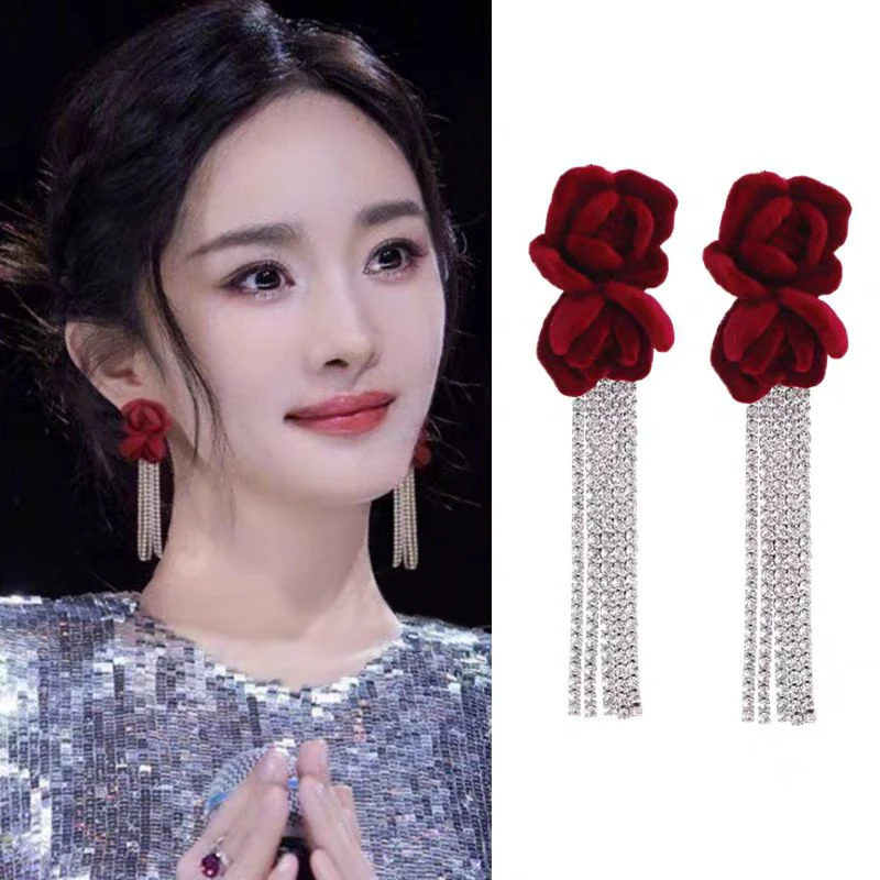 钛钢布艺耳饰 长款耳环高级感轻奢流苏耳坠红色复古花朵气质耳钉