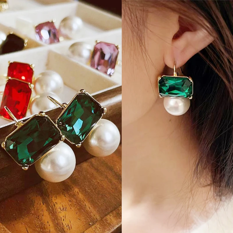 合金仿珍珠耳饰 2025新轻奢复古水晶耳环绿色高级感小众925银耳钉